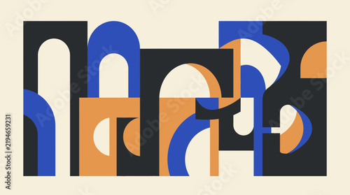 Abstract arches and geometric forms create a balanced mid-century modern pattern on a soft neutral cream background.