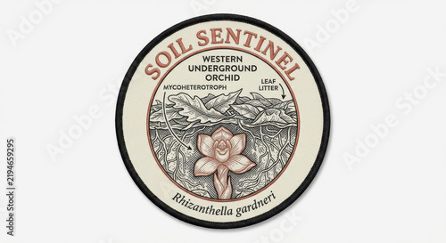 Embroidered soil ecology badge featuring underground orchid and botanical illustration