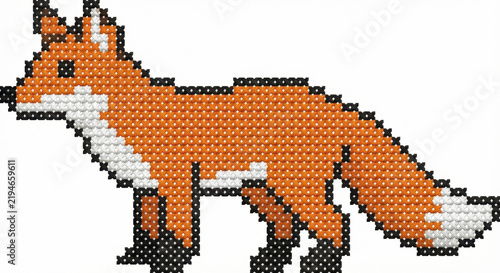 Orange fox pixel art with white detail and black outline evokes playful woodland character