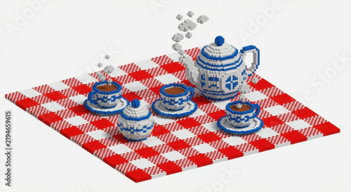 Pixel nature tea set on red gingham cloth creates cozy picnic scene