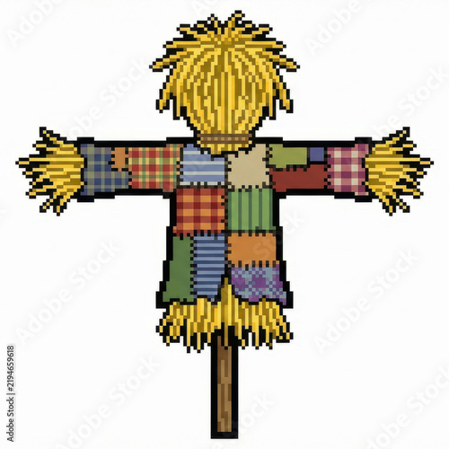 Scarecrow pixel art with colorful patchwork clothing and straw head on white background