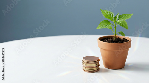 Business success concept with Healthy green seedling in a simple clay pot beside a compact group of coins, balanced personal finance concept, on a refined minimal surface