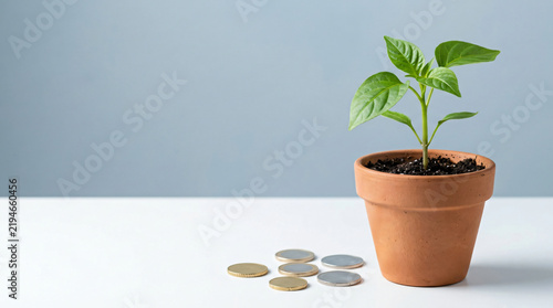 Business success concept with Healthy green seedling in a simple clay pot beside a compact group of coins, future-focused business concept, with generous copy space