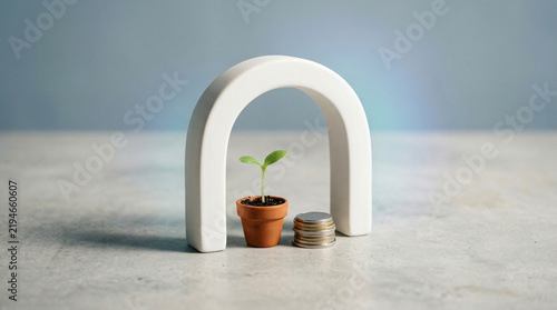 Modern wealth management background with Cleceramic arch framing a young green sprout beside coins for sustainable future growth, in a polished commercial setting