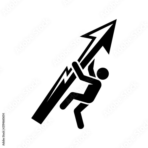 Minimalist vector of a determined person climbing a sharp growth arrow