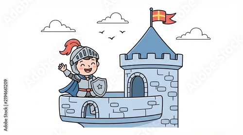 Happy cartoon knight waving from a stone castle tower