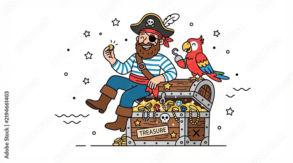 Fototapeta premium Happy pirate with his parrot sitting on a treasure chest filled with gold