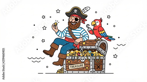 Happy pirate with his parrot sitting on a treasure chest filled with gold