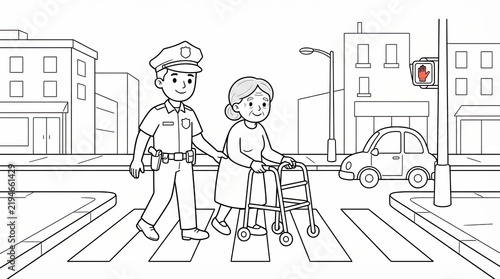 Police officer helping an elderly woman with a walker cross the street