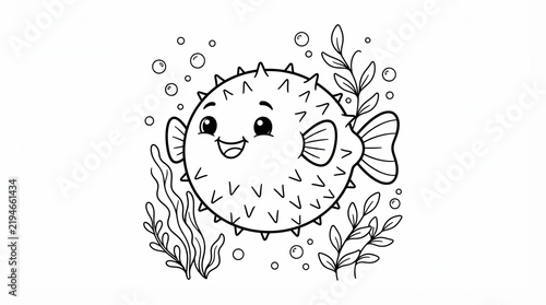 Cute puffer fish cartoon character for coloring book isolated on white