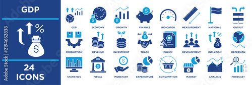 GDP glyph icon collection set. Containing Revenue, Investment, Trade, Policy, Development, Inflation, Recession, Statistics and Fiscal. solid illustration.