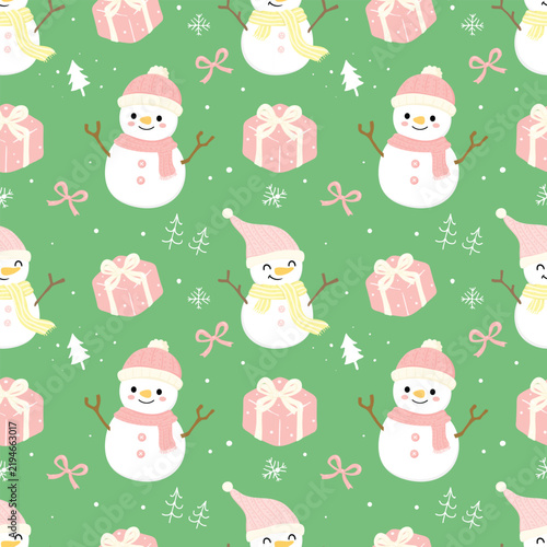 Cute Christmas seamless pattern featuring snowmen, pink gift boxes, winter hats, scarves, ribbons and Christmas trees on a pastel green background.
