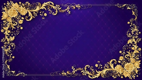 Ornate gold floral frame design featuring delicate blooming flowers and swirling vine motifs set against a deep rich violet purple textured background