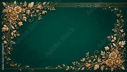Elegant gold floral frame decorates a rich dark emerald green background with intricate metallic roses and stylized leafy vines crafted in high relief style 