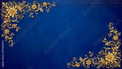 Ornate gold floral filigree corners displayed on a luxurious deep royal blue textured background creating an elegant frame for invitation cards or wedding stationery designs