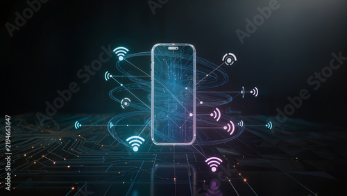 Abstract futuristic smartphone communication technology, transparent holographic smartphone interface surrounded by glowing wireless signals and interconnected data nodes,