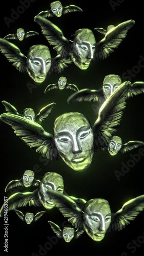 Animated group of strange scary masks with wings flying in puppet stop-motion style. 