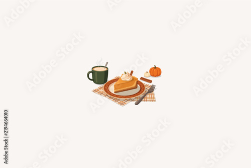 Pumpkin Cheesecake Slice with Hot Coffee Mug and Pumpkins Autumn Vector Illustration