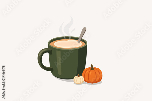Hot Pumpkin Spice Latte Mug Vector Illustration with Pumpkins and Steam