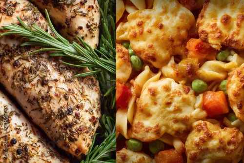 Whole ingredients contrasted with heavily processed dishes, revealing distinct food textures in close detail