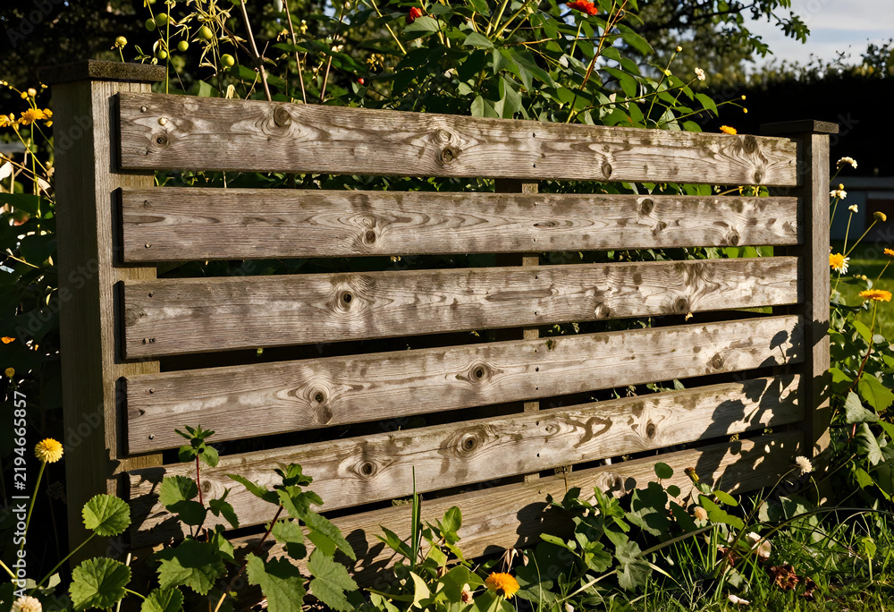 Obraz premium Privacy and garden landscaping, weathered wooden fence panels in a backyard with lush green plants and yellow flowers during a sunny summer afternoon