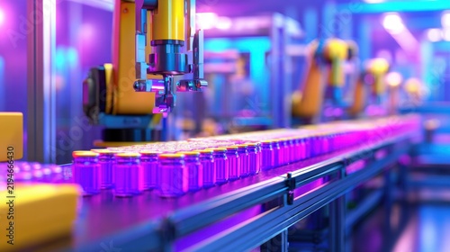 A vibrant industrial scene showcasing robotic arms assembling colorful containers on a conveyor
