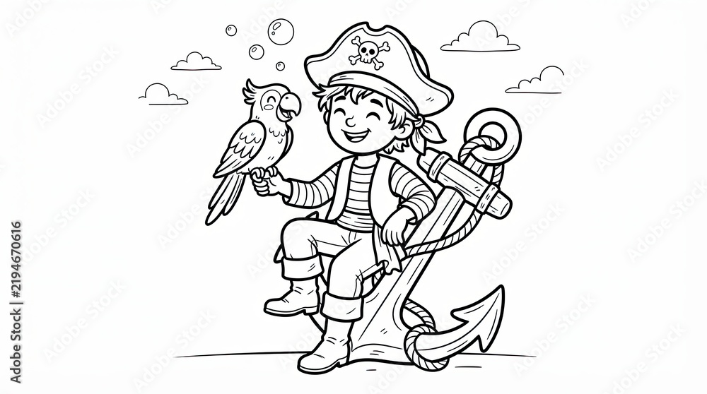 Fototapeta premium Happy little boy pirate with a parrot sitting on a ship anchor