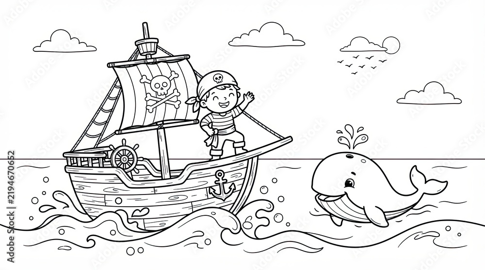 Fototapeta premium Little boy dressed as a pirate on a ship sailing with a cute whale in the sea