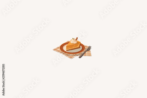 Slice of Pumpkin Cheesecake Vector Illustration with Whipped Cream and Cinnamon Stick on Plate