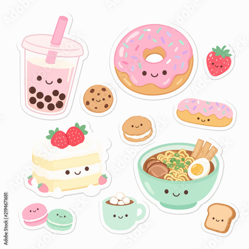 Cute Kawaii Food, Drink, and Sweet Dessert Vector Sticker Collection