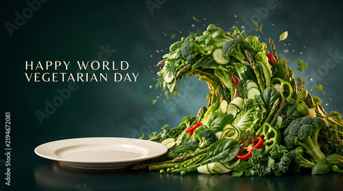 Vegetable wave crashing over an empty plate for world vegetarian day