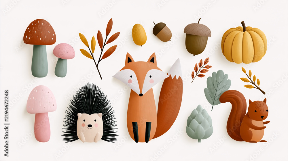 Obraz premium Illustration of cute woodland animals including a fox, hedgehog, squirrel, mushrooms, acorns, and autumn leaves arranged on a light background