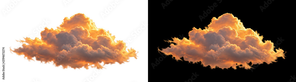 Obraz premium Golden sunset storm cloud on transparent background, volumetric evening twilight cumulus cloud illuminated by warm orange solar glow. Meteorology atmospheric weather sky element graphic element.