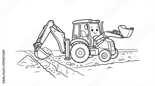 Cute cartoon excavator digger working on a construction site line art