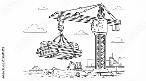 Cartoon construction crane lifting heavy materials at building site