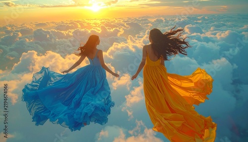 雲海の上を浮遊するふたりの女性と美しい夕焼けの幻想的な画像