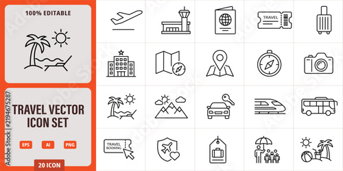 Set of travel and tourism line icons, including airplane, hotel, map, passport, luggage, and transportation symbols for vacation planning and travel agency
