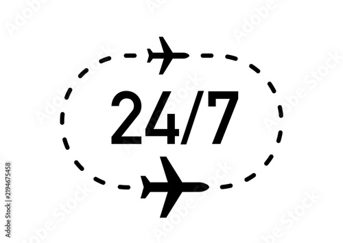 Airplane 24/7 Travel Service Vector Illustration with Dotted Flight Path
