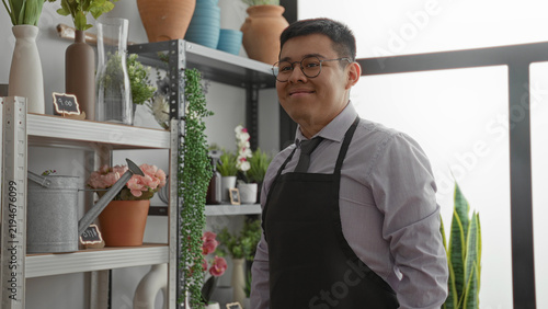 Fotografie Man watering potted flowers in a florist studio, wearing apron and glasses while adjusting a terracotta pot on metal shelf; calm care