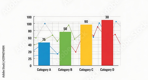 A colorful bar chart with overlaying line graphs representing data categories on a grid