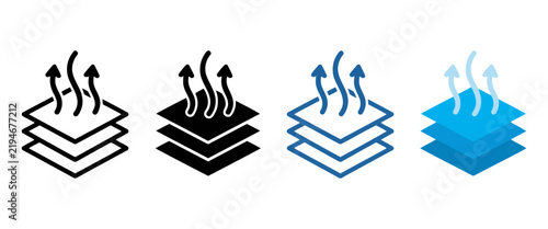 Breathable fabric material icons, 4 moisture wicking textile layers, air flow ventilation through fiber sheets, blue and black vector set