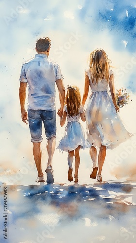 Watercolor painting of a family of four, parents and two daughters, walking handinhand