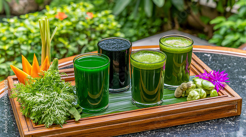 Assorted green vegetable and fruit juices on a wooden serving tray with green juice