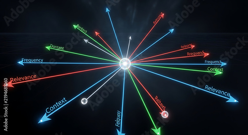A glowing central sphere with radiating colored arrows labeled with various data concept terms