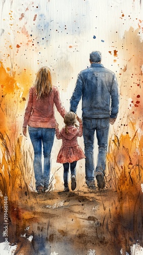 Watercolor painting of a family of four, parents and two daughters, walking handinhand