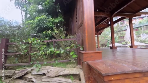 Scenic view of mountain nature landscape and traditional wooden structure