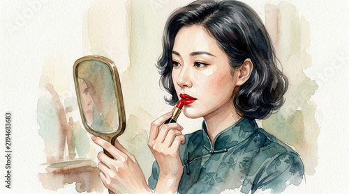 Young woman applying red lipstick while looking into a mirror  