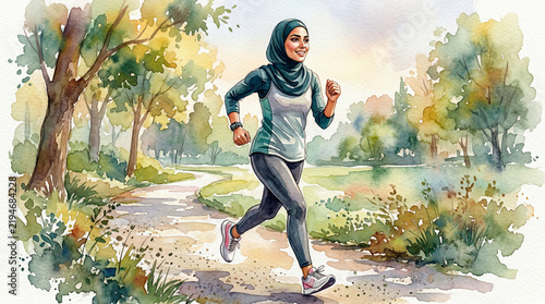 Young Muslim woman jogging on a path in a vibrant park  