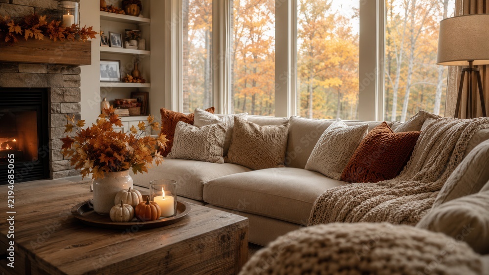 Fototapeta premium Cozy autumn living room with fireplace, warm blankets and seasonal fall decor in a comfortable family home