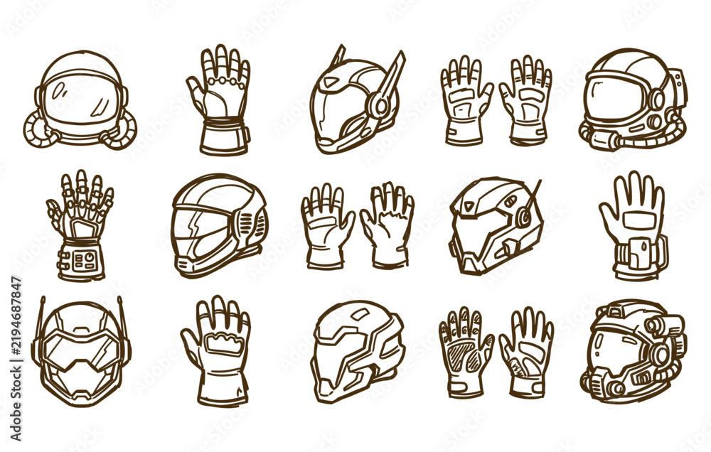 Fototapeta premium Futuristic combat armor and cyberpunk mecha soldier gear black ink line art clipart set featuring robotic power gloves space explorer visors and protective headgear